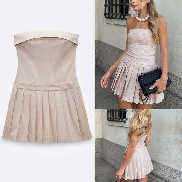 n/a Dresses & Skirts - Pinstripe tube pleated mini dress cream / ivory / light nude- strapless